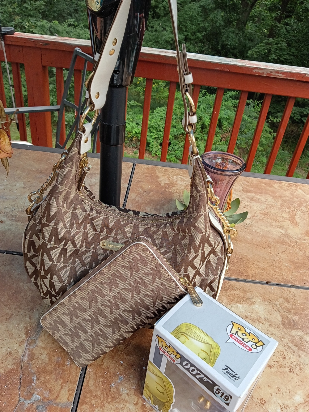 Michael Kors Brown and Cream MK Monogram Shoulder Bag with Wristlet